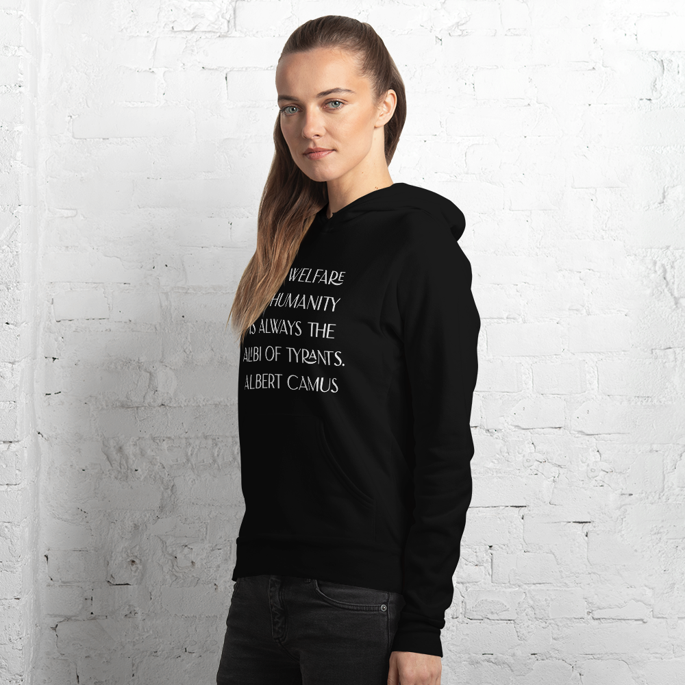 Albert Camus Welfare of Humanity (B+C) unisex-pullover-hoodie-black-left-front-68dfd85ed08cd