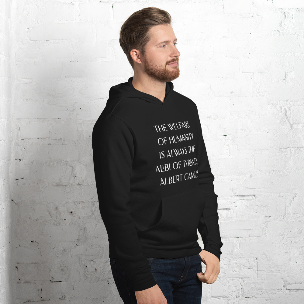 Albert Camus Welfare of Humanity (B+C) unisex-pullover-hoodie-black-right-front-68dfd85ecf814