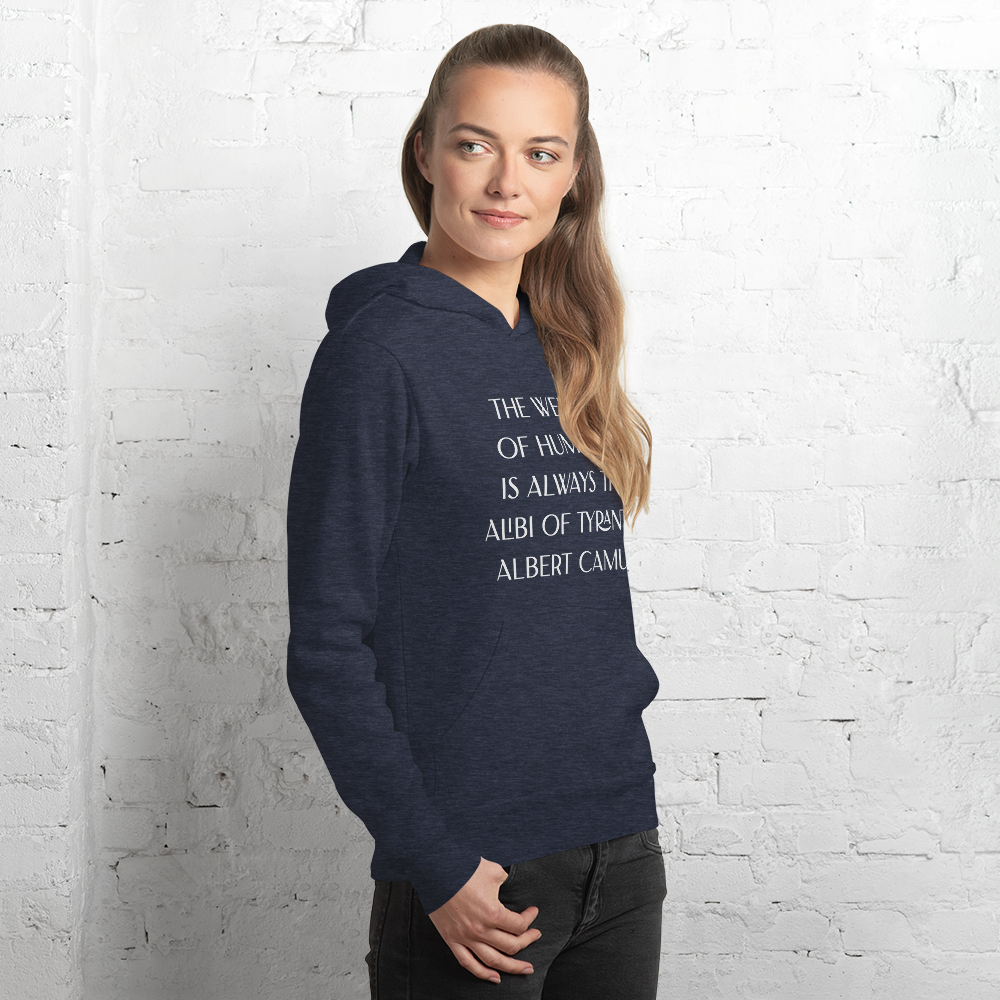 Albert Camus Welfare of Humanity (B+C) unisex-pullover-hoodie-heather-navy-right-front-68dfd85ed0f3a