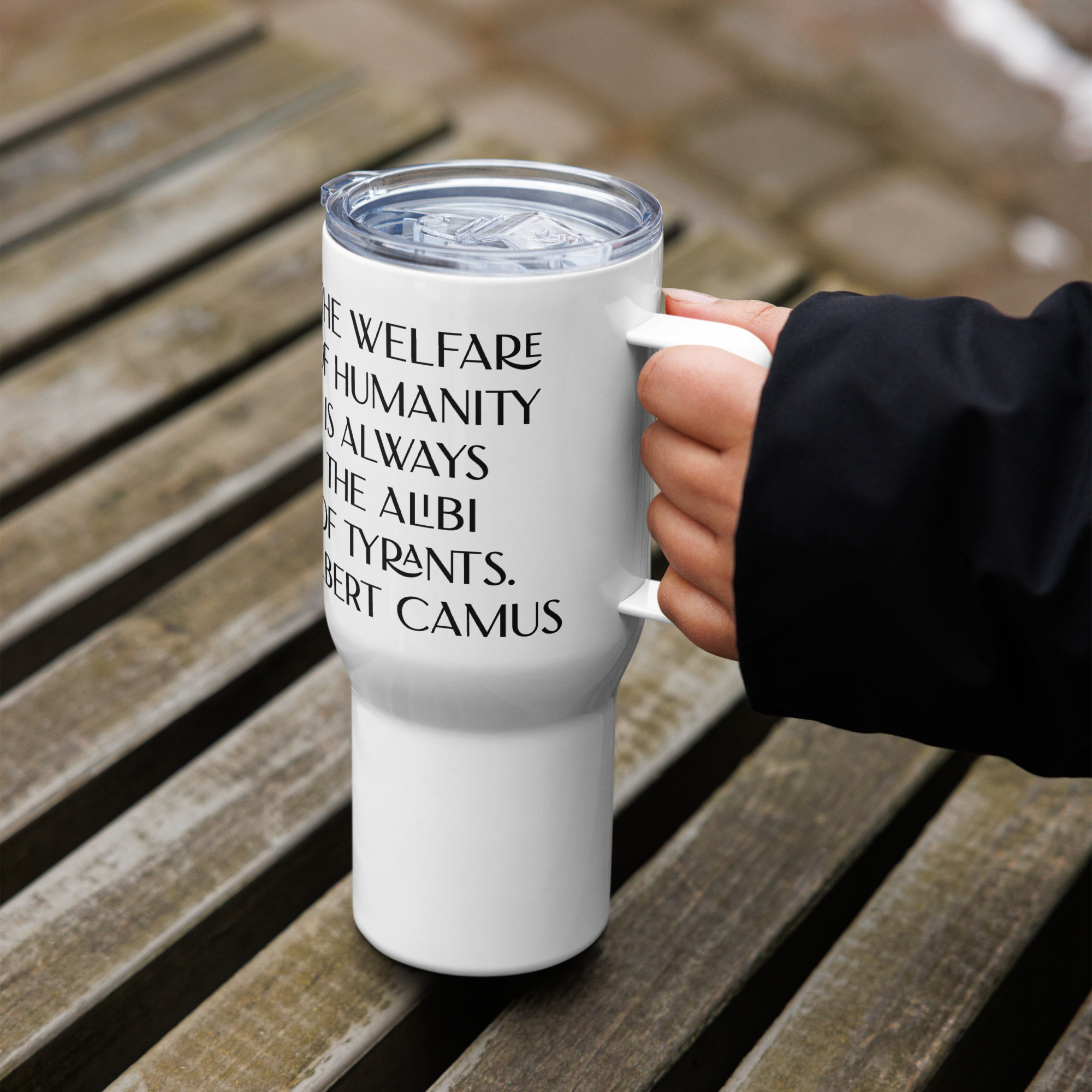 Welfare of Humanity travel mug-with-a-handle-white-25-oz-left-6977af2943d79