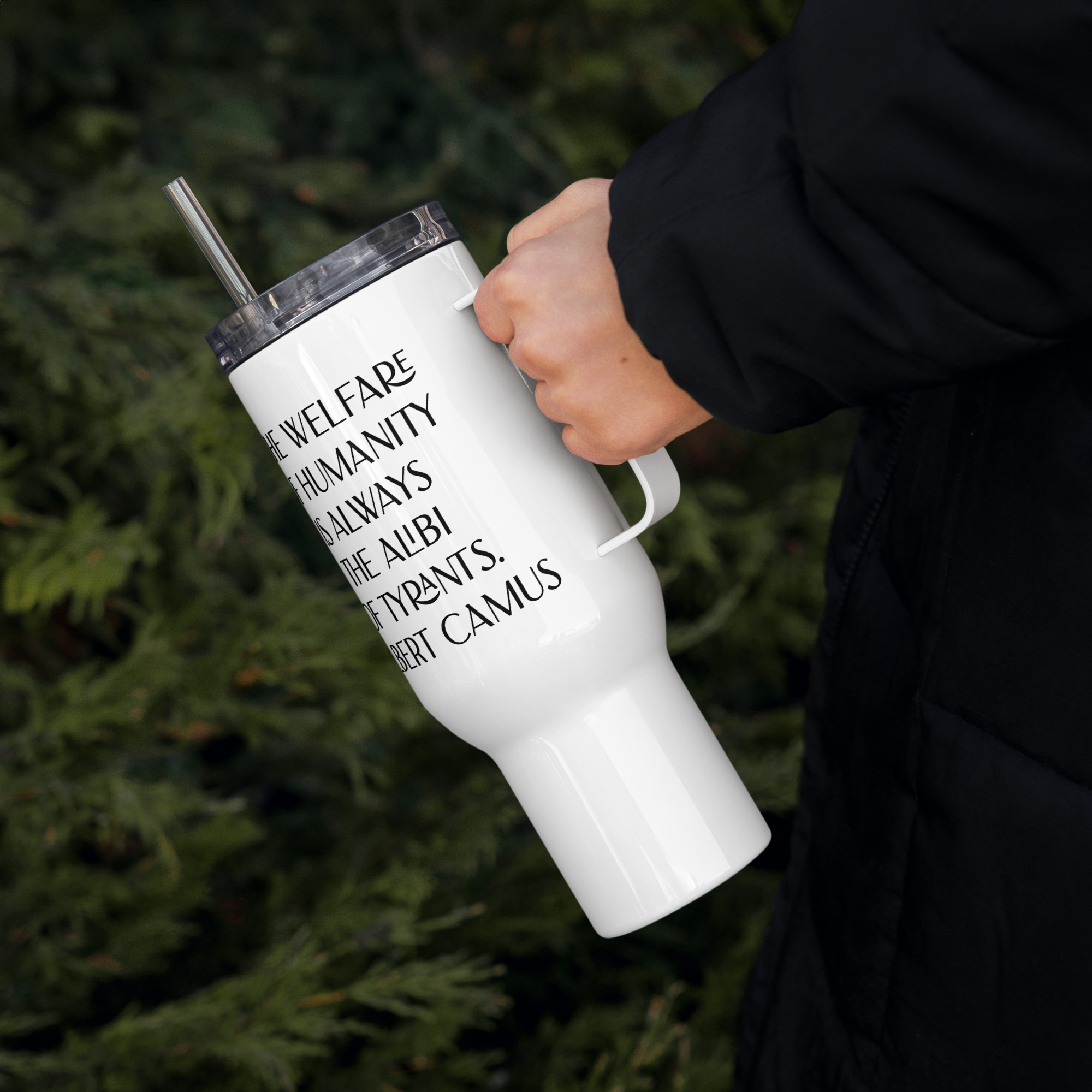 Welfare of Humanity travel mug-with-a-handle-white-40-oz-left-6977af294522b