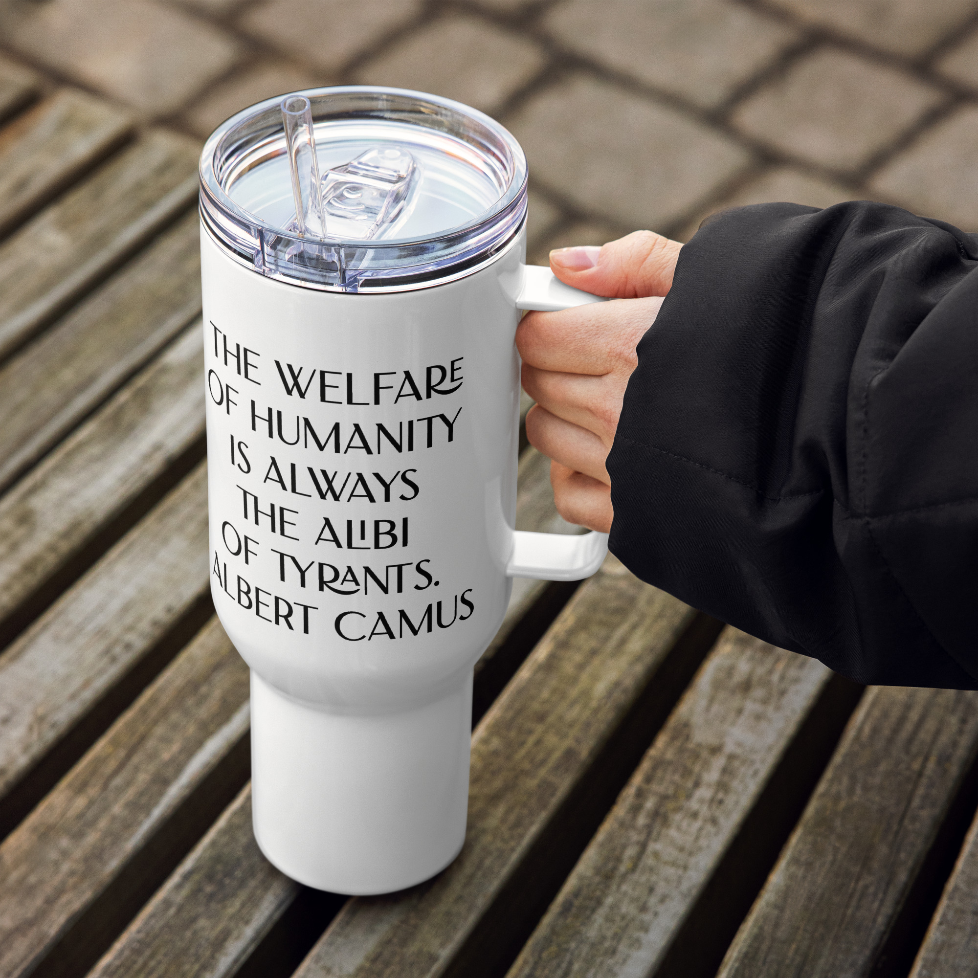 Welfare of Humanity travel mug-with-a-handle-white-40-oz-left-6977af2945801