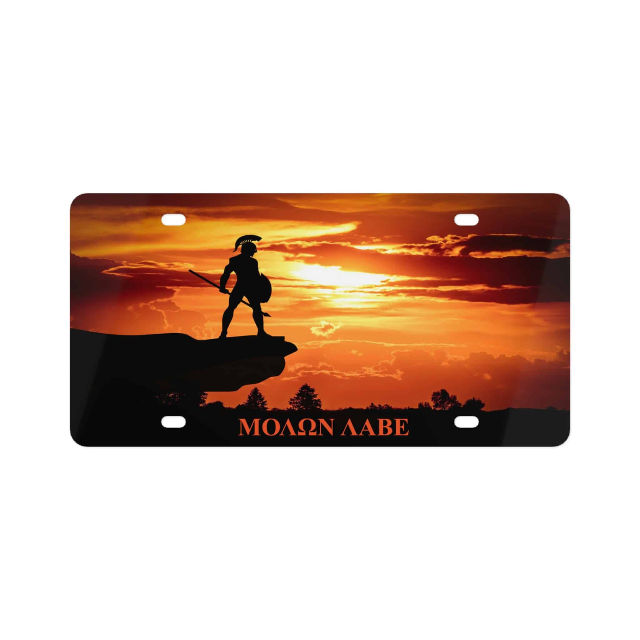 Molon Labe License Plate, Molon Labe front license plate, Spartan Sunset in Orange