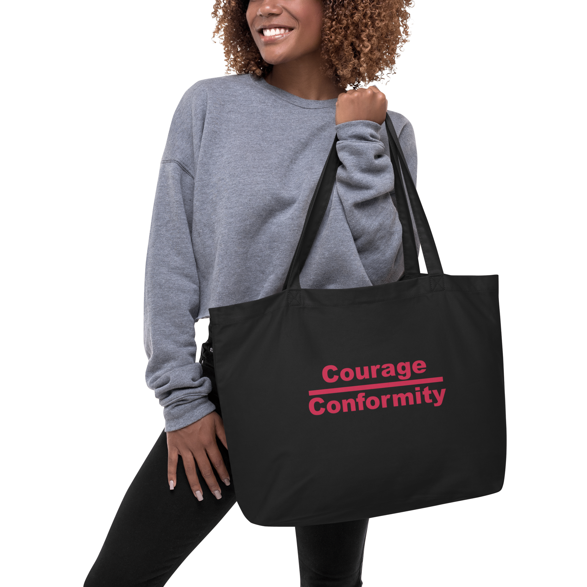 Courage over Conformity large eco-tote-black-front-6ad15cd82a5f5